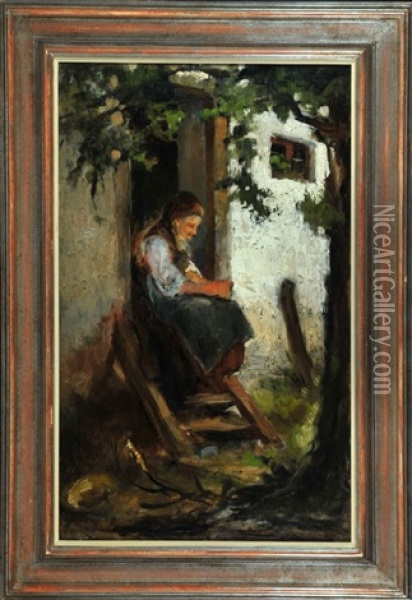 Am Hauseingang Sitzende Bauerin Oil Painting - Julius Noerr