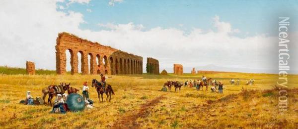 Grain Harvest In The Ancient Aqueduct On The Roman Countryside Oil Painting - Pietro Barucci