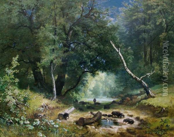 Waldlichtung Mit Einem Rudel Wildschweine Oil Painting - Otto Gunther-Naumburg