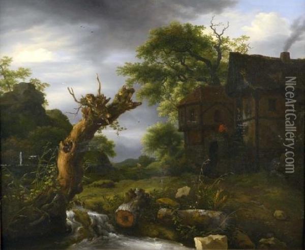[paysage Avec Maisons, Personnages Et Cascade.] Oil Painting - Allart Van Everdingen