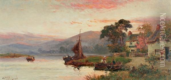 River Scene At Sunset, With Boats By Aninn Oil Painting - Walker Stuart Lloyd