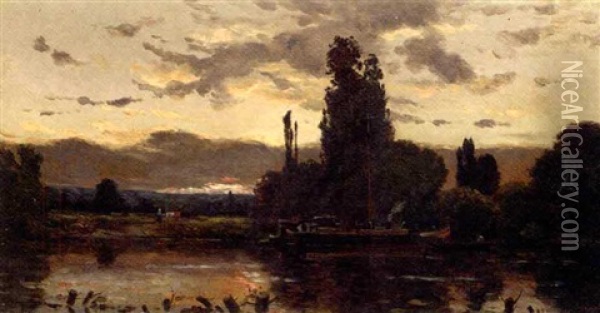 Rowing By A River Barge At Dusk Oil Painting - Hippolyte Camille Delpy