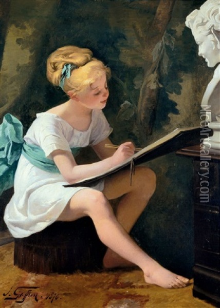 Kleines Madchen, Eine Buste Abzeichnend Oil Painting - Henry Jules Jean Geoffroy