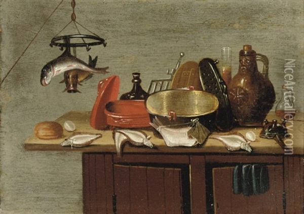 Fish, An Earthenware Vessel, A Bartmanns Krug, A Roemer And Various Other Objects Oil Painting - Gerrit Van Vucht