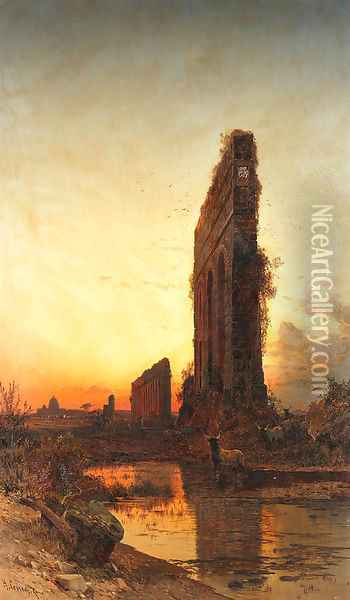 The Roman aqueducts at sunset Oil Painting - Hermann David Solomon Corrodi