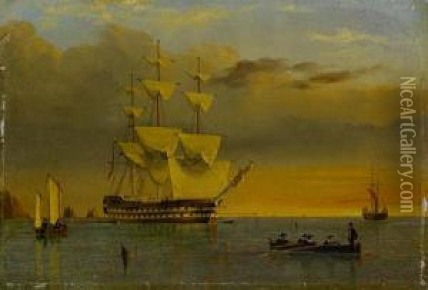 A British '74' Anchored Offshore And Drying Her Sails At Sunset Oil Painting - William Frederick Settle