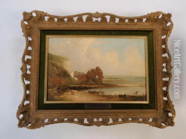 A Coastal Cove Scene With Figures And Boat Oil Painting - A.H. Vickers