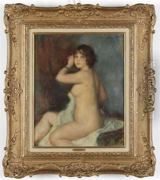 Nackte Junge Frau Auf Einem Tuch Sitzend Oil Painting - Lucien Rene Mignon