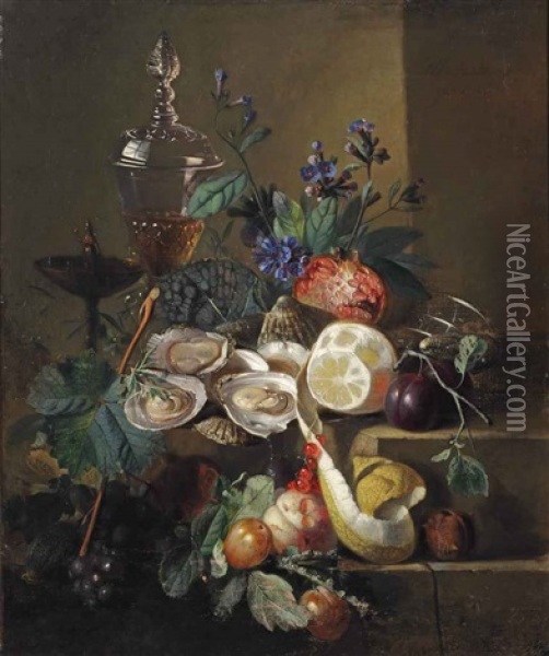 An Opulent Still Life Of Oysters, A Lemon, Pomegranate And A Crystal Wine Cup Oil Painting - Albertus Steenbergen