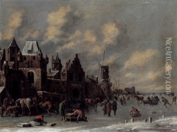 A Winter Landscape With Figures Skating And Horses Feeding On A Frozen River By A Town Oil Painting - Thomas Heeremans