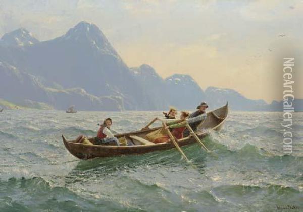 Crossing The Fjord Oil Painting - Hans Dahl