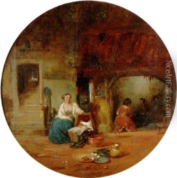A Rustic Interior Oil Painting - Daniel Pasmore the Younger