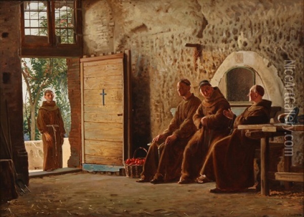 Monks In An Italian Monastery Oil Painting - Frederik Christian Lund