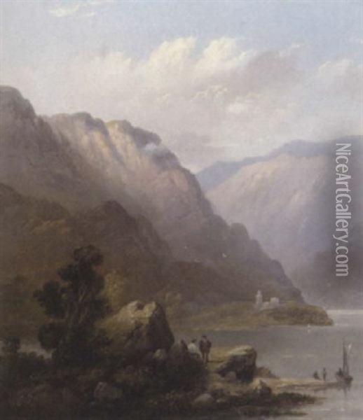 Figures On The Banks Of A Loch Oil Painting - Edward Train
