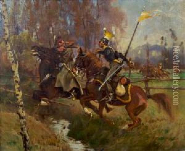 Skirmish With Polish Cavalry Oil Painting - Zygmunt Rozwadowski
