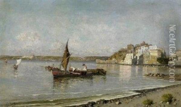 Pozzuoli. Fishermen In Their Boats On The Lake Before The City. Oil Painting - Giuseppe Carelli