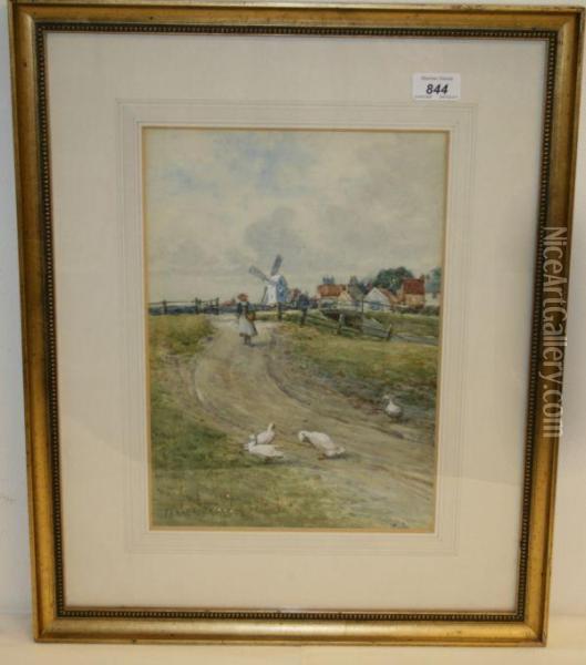 Girl And Geese On A Track With Windmill Beyond Oil Painting - Parker Hagarty