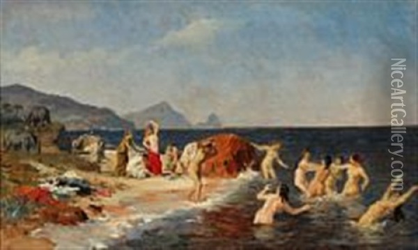 The Princess Of Lycia Bathes With Her Maidens At The Sicilian Coast Oil Painting - Otto Bache