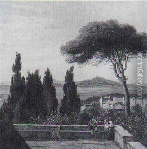 Italiensk Landskab Med Figurer Pa En Terrasse Omgivet Af Appelsintraeer Oil Painting - Peter (Johann P.) Raadsig