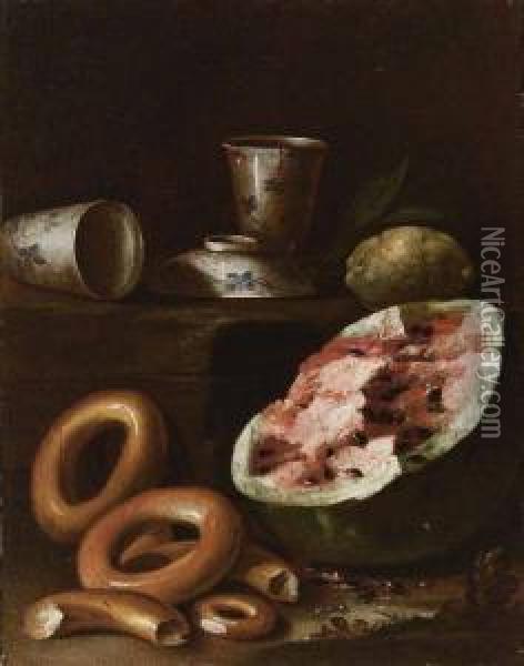 Tazzine Di Porcellana, Limone Su Basamento, Cocomero E Ciambelle Oil Painting - Cristoforo Munari