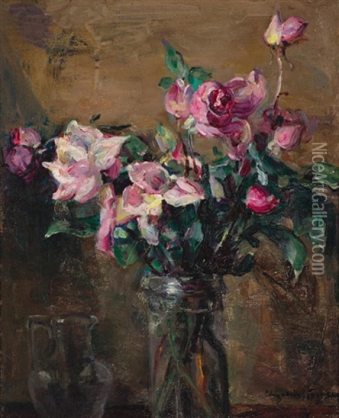 Roses In A Glass Vase Oil Painting - Elizabeth Nourse
