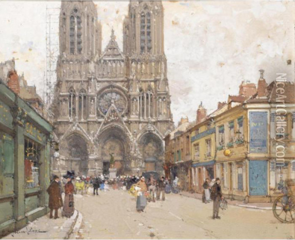 La Cathedrale De Reims Oil Painting - Eugene Galien-Laloue