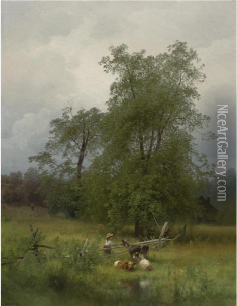 Summer Afternoon In A Meadow Oil Painting - Herman Herzog