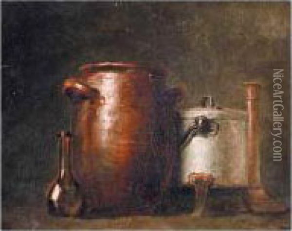 A Still Life With A Pot, A Saucepan, A Candlestick And A Vase Oil Painting - Jean-Baptiste-Simeon Chardin