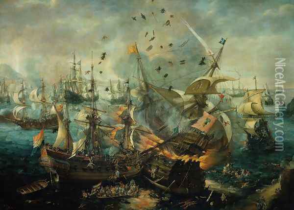 The Explosion of the Spanish Flagship during the Battle of Gibraltar, 25 April 1607 Oil Painting - Cornelis Hendricksz. The Younger Vroom
