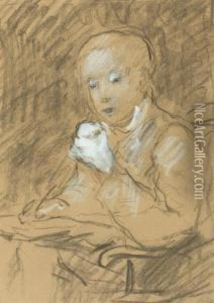 Recto: Boy Eating An Apple Oil Painting - Albert Anker