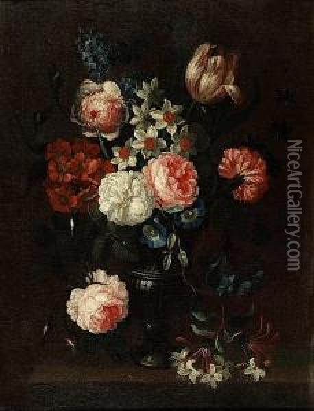 Roses, Tulips, Narcissi, Morning
 Glory And Delphiniums With Other Flowers In A Glass Vase On A Ledge Oil Painting - Simon Hardime