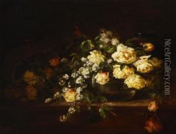 Yellow Roses Still Life Oil Painting - Edith White