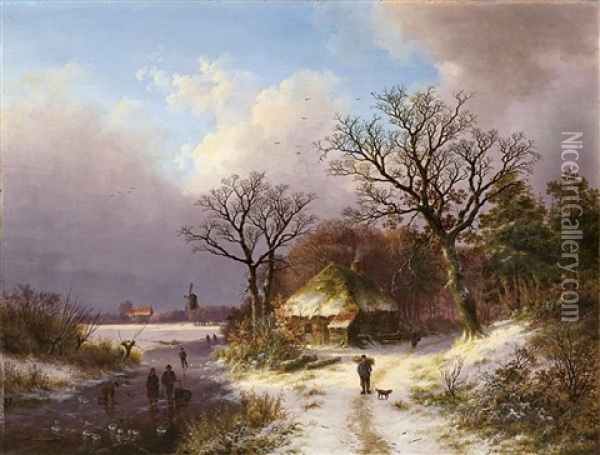 Winterlandschaft Mit Reisigsammler Und Schlittschuhlaufern Oil Painting - Johann Bernard Klombeck