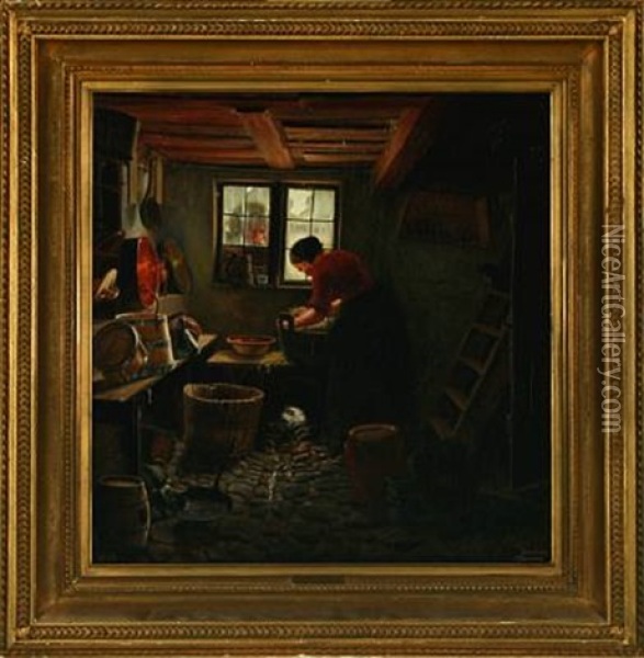 Kitchen Interior With Man Watching The Girl Through The Window Oil Painting - Brigitte Levison