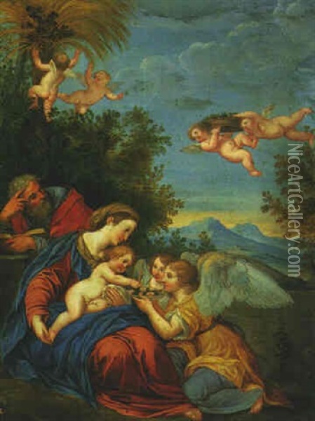 The Holy Family With Angels Oil Painting - Francesco Albani