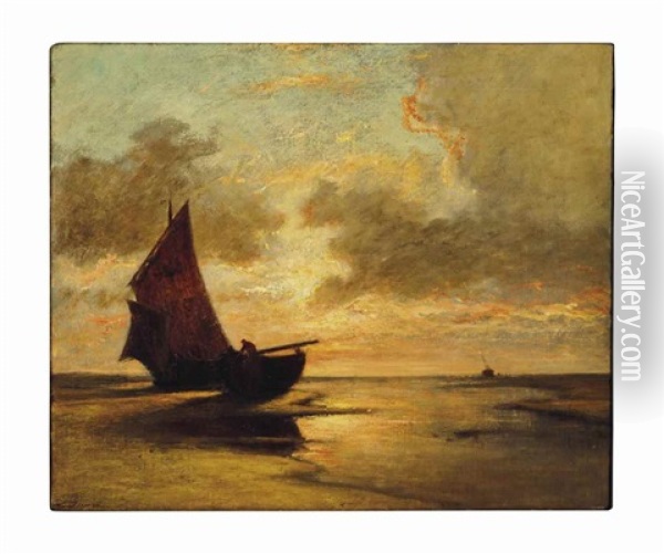 Sailing Boats At Low Tide Oil Painting - Jules Dupre