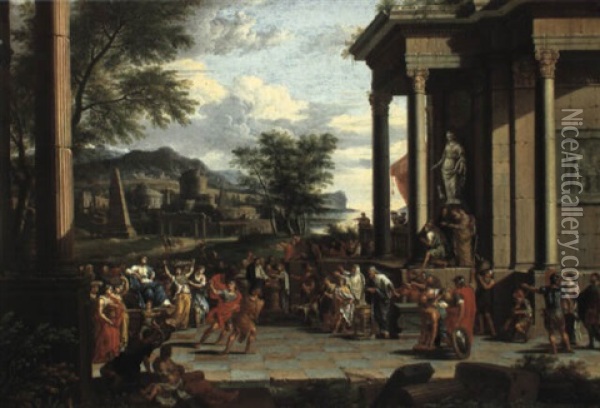 A Sacrificial Procession By Classical Ruins Oil Painting - Nicolas Poussin