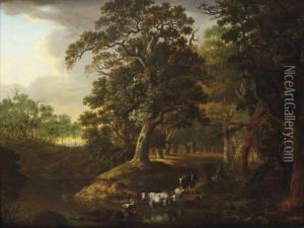 A Wooded Landscape With A Herdsman Watering His Cattle Near Astream Oil Painting - Salomon Rombouts