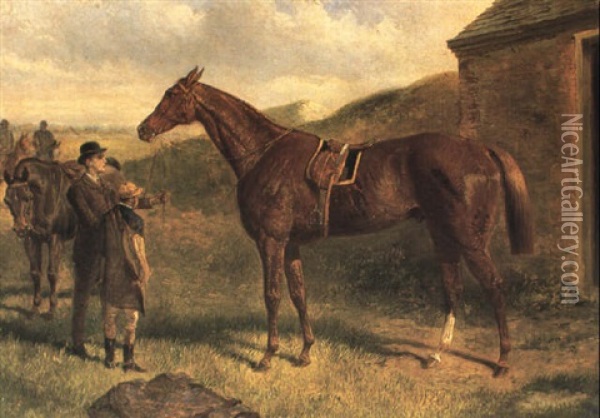 'brag': Study Of A Racehorse With Trainer And Jockey Oil Painting - John Sturgess
