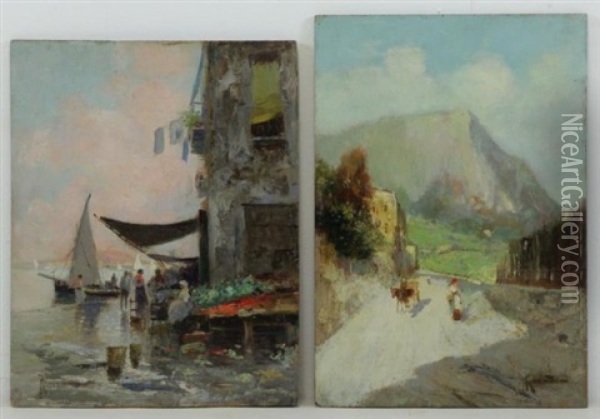 Market Scene; Village Scene (2 Works) Oil Painting - Oscar Ricciardi