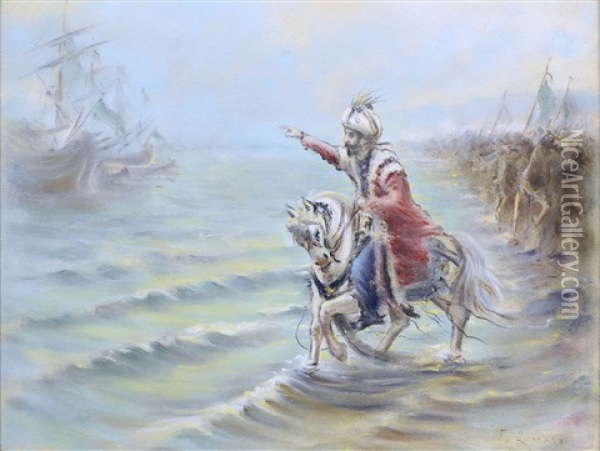 Il Sultano Mehmet Detto Il Conquistatore Sul Suo Cavallo Bianco Oil Painting - Fausto Zonaro