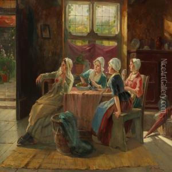 Dutch Interior With Four Ladies At A Table Oil Painting - Adolf Raufer