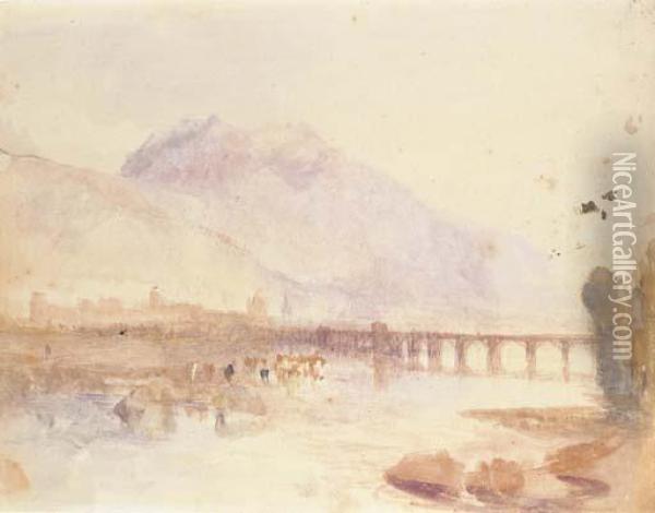 View Of A Town In An Alpine Landscape With A Bridge Across Alake Oil Painting - Joseph Mallord William Turner