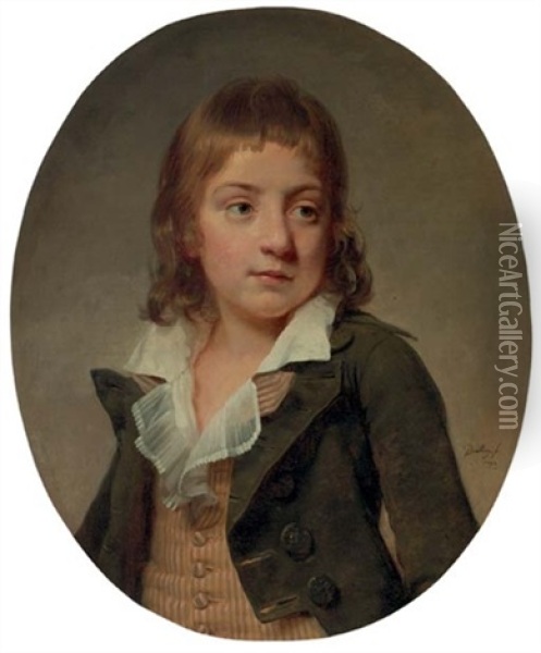 Portrait Of A Young Boy, In A Striped Vest And Grey Jacket Oil Painting - Martin Droelling