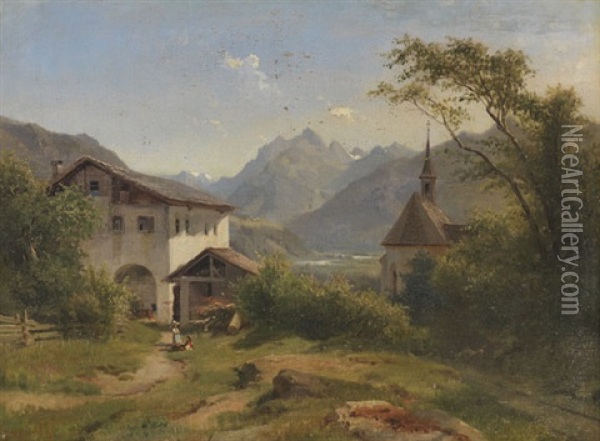 Sommertag Im Oberinntal Mit Bauernhof Und Kapelle Oil Painting - Ludwig Georg Eduard Halauska