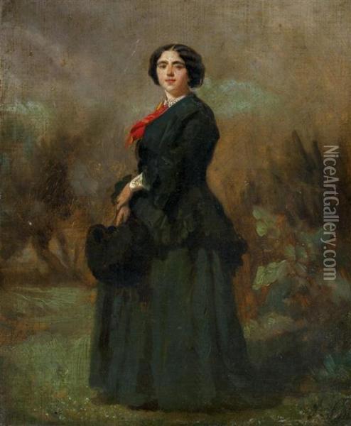 Portrait De Femme Au Foulard Rouge Dans Un Paysage Oil Painting - Isidore Alexandre Augustin Pils