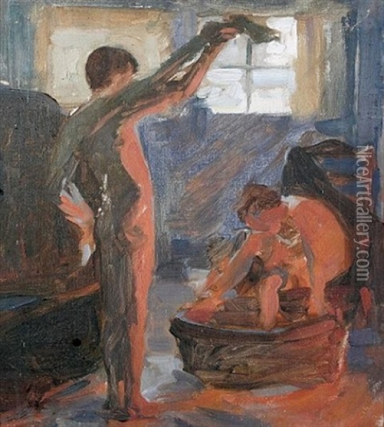 Boys Bathing By A Fire (study) Oil Painting - Frank Bramley