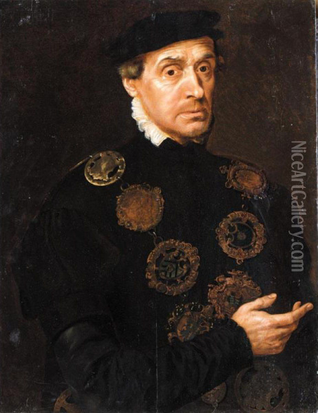 Portrait Of A Gentleman, Half Length, Wearing Black With A Chain Of Guild Buckles Including That Of A Goldsmith's Company Oil Painting - Adriaen Thomasz I Key