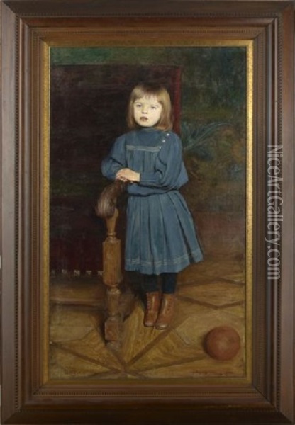 Portrait Of A Young Girl In A Blue Dress Leaning Against A Chair Oil Painting - Aleksander Augustynowicz