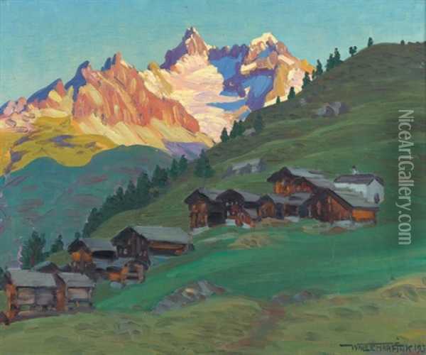 Fruhmorgen Bei Findeln Ob Zermatt Mit Gabelhornern Oil Painting - Waldemar Theophil Fink